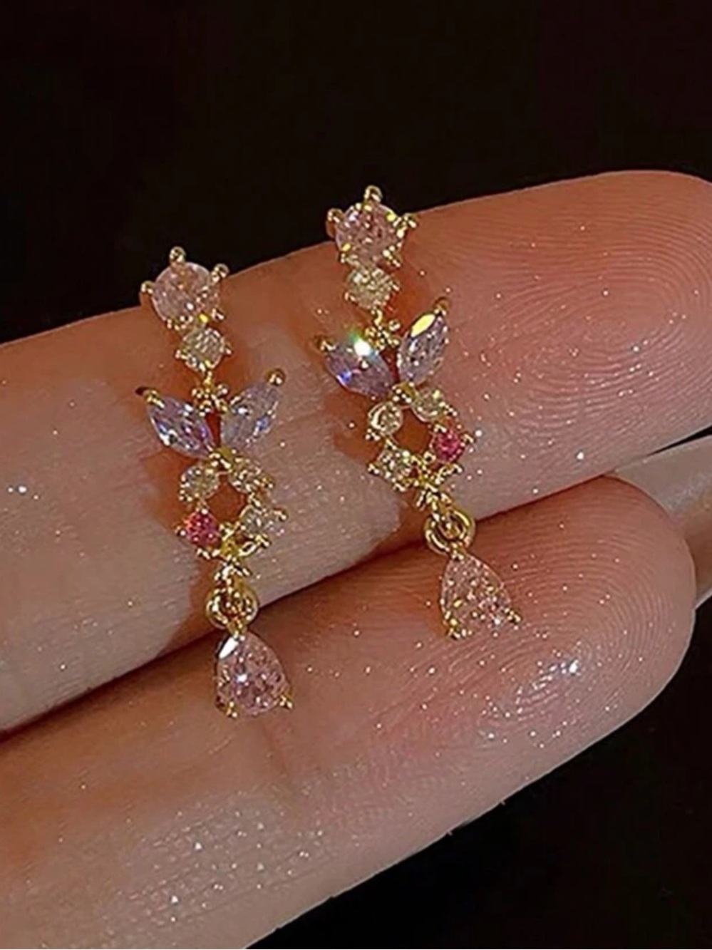 Yellow Gold Pink Crystal Drop Earrings - Elegant Women Jewelry